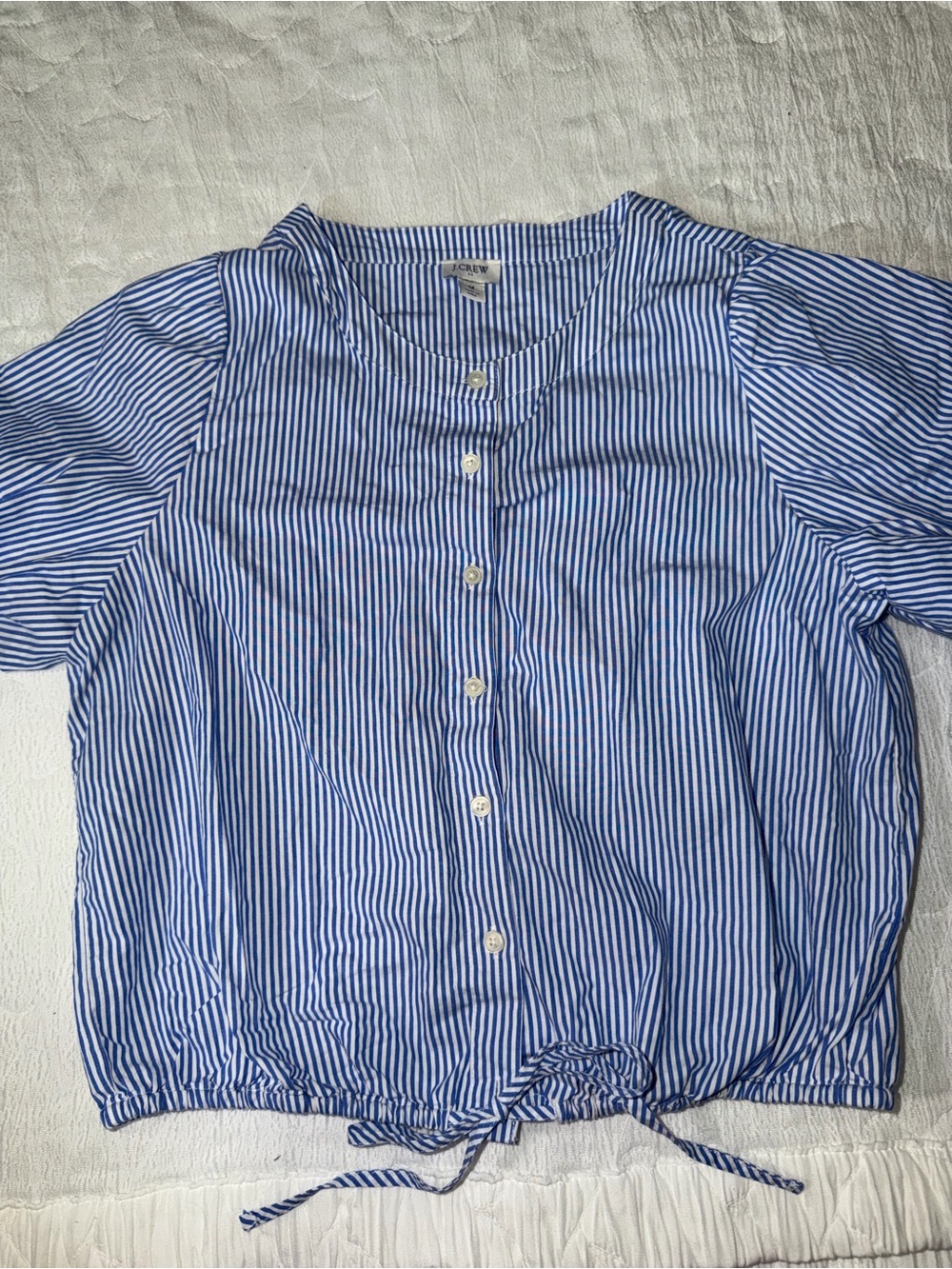 J. Crew Blue and White Striped Button-Front Tie-Hem Shirt